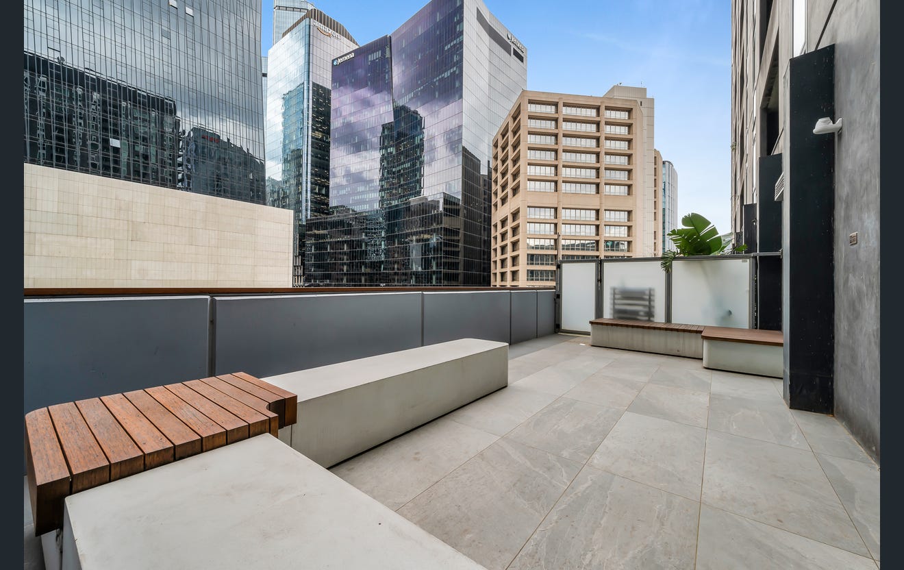 Rooftop terrace with city skyline views